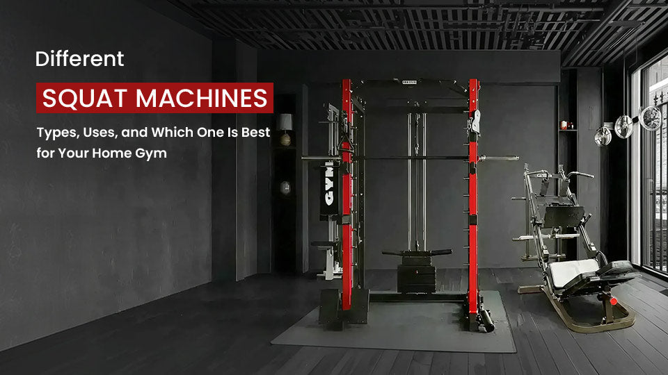 Modern home gym featuring different squat machines and a power rack.