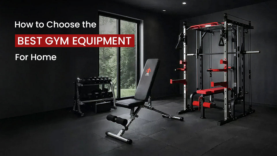 Home gym setup with weight bench, dumbbells, and multi-functional gym equipment in a modern workout room