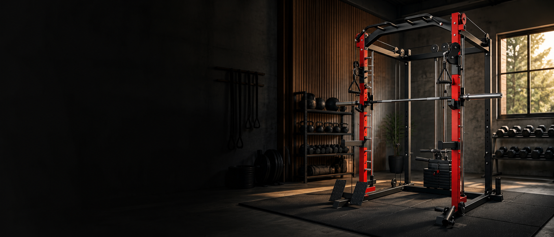 Home gym with GTA Fitness equipment set up in a bright room