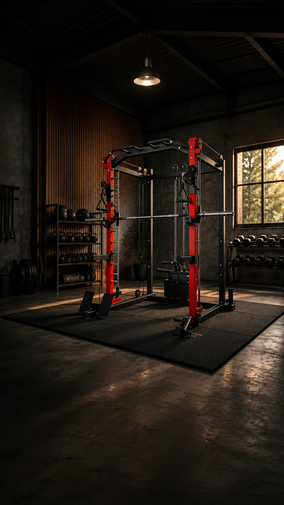 Home gym with GTA Fitness equipment set up in a bright room