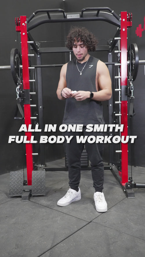 Full-body workout on the Smith Machine: squats, chest flys and cable curls